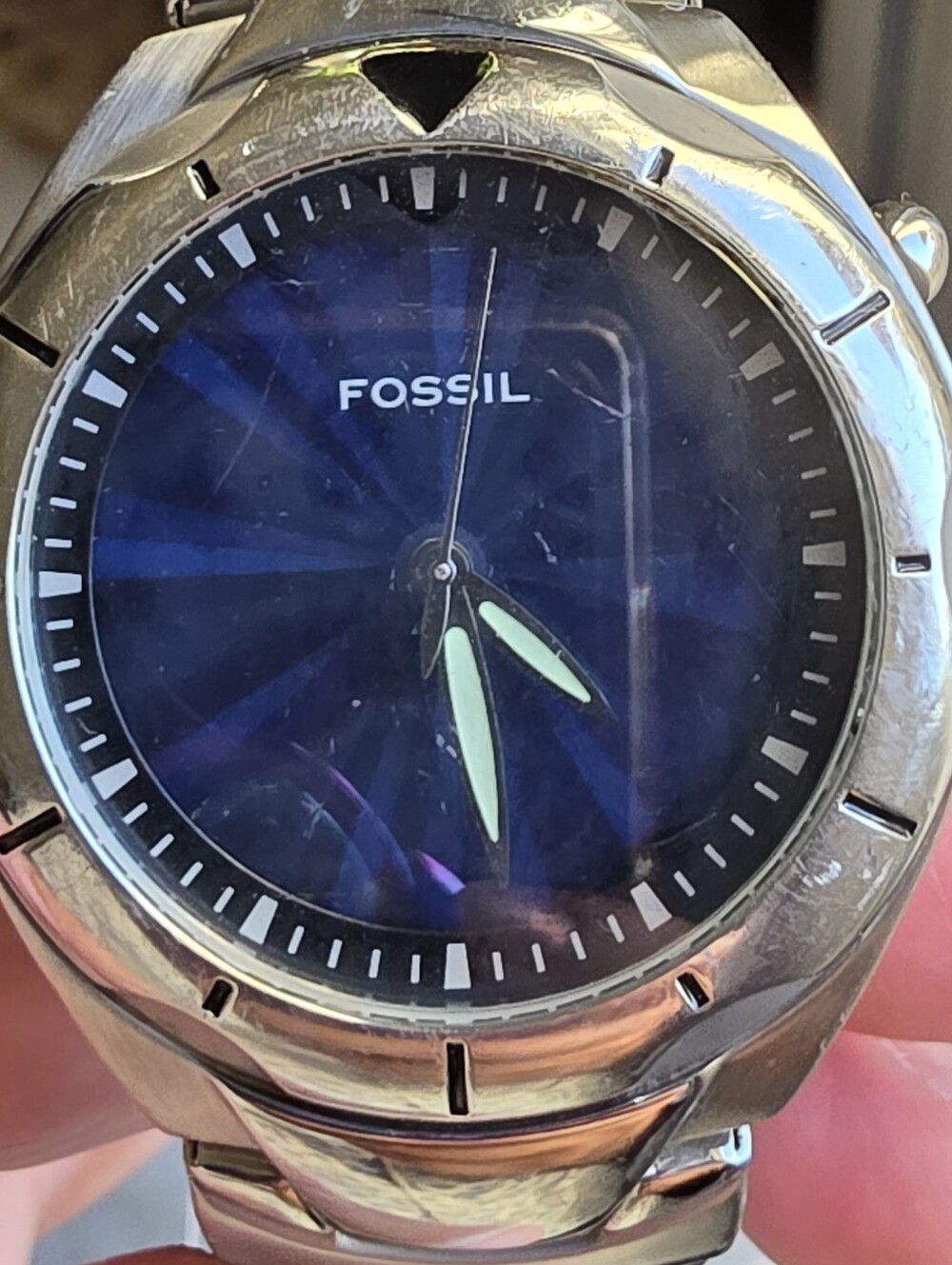 Vintage Fossil AM3537 Big Tic Kaleido Mirrored / Blue Sunburst 39mm Watch WORKS